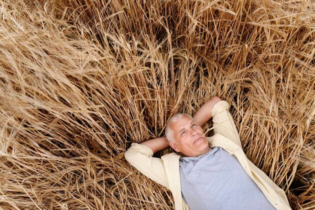 Senior man with hands behind head resting on wheat field model released Symbolfoto EYAF01755