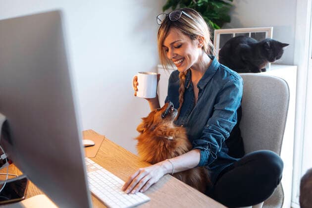 Smiling female influencer looking at dog while having coffee at home model released Symbolfoto property released JSRF01627