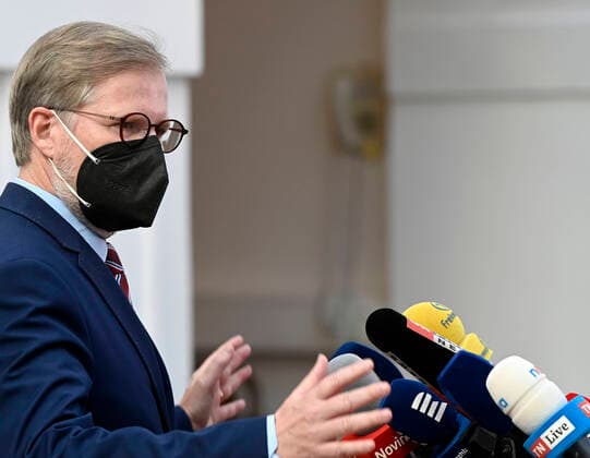 ODS leader Petr Fiala talks to reporters during the press conference of the nascent Czech government coalition of Together (Civic Democrats ODS, Christian Democrats KDU-CSL, TOP 9) and the Pirates Mayors and Independents (STAN) alliance in Prague, Czech Republic, October 26, 2021. (CTKxPhoto MichalxKrumphanzl) CTKPhotoP2021102605672  kru 2