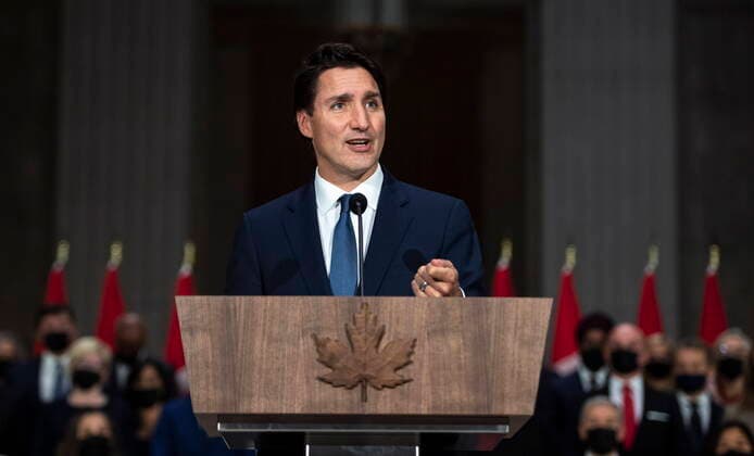 October 26, 2021, Ottawa, ON, CAN: Prime Minister Justin Trudeau speaks at a news conference after the federal cabinet was sworn in, in Ottawa, on Tuesday, Oct. 26, 2021. Ottawa CAN  - ZUMAc35_ 20211026_zaf_c35_223 Copyright: xJustinxTangx
