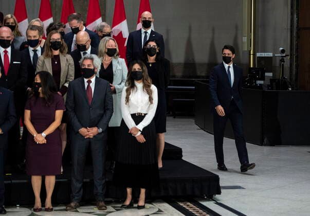 October 26, 2021, Ottawa, ON, CAN: Prime Minister Justin Trudeau arrives to speak at a news conference after members of the federal cabinet, left, were sworn in, in Ottawa, on Tuesday, Oct. 26, 2021. Ottawa CAN  - ZUMAc35_ 20211026_zaf_c35_229 Copyright: xJustinxTangx