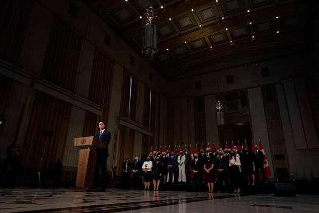 October 26, 2021, Ottawa, ON, Canada: Prime Minister Justin Trudeau speaks at a news conference after the federal cabinet was sworn in, in Ottawa, on Tuesday, Oct. 26, 2021. Ottawa Canada  - ZUMAc35_ 20211026_zaf_c35_241 Copyright: xAdrianxWyldx