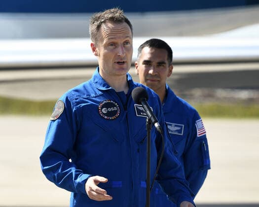 ESA Astronaut Matthias Maurer addresses the media following arrival at the Kennedy Space Center, Florida on Tuesday, October 26, 2021. Maurer is a Mission Specialist on the Crew-3 mission to the International Space Station scheduled for Oct 31.  KSP20211026020 JOExMARINO