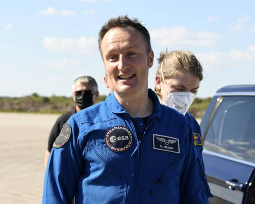 ESA Astronaut Matthias Maurer talks with the German media following his arrival at the Kennedy Space Center, Florida on Tuesday, October 26, 2021. Maurer is a Mission Specialist on the Crew-3 mission to the International Space Station scheduled for Oct 31.  KSP20211026024 JOExMARINO