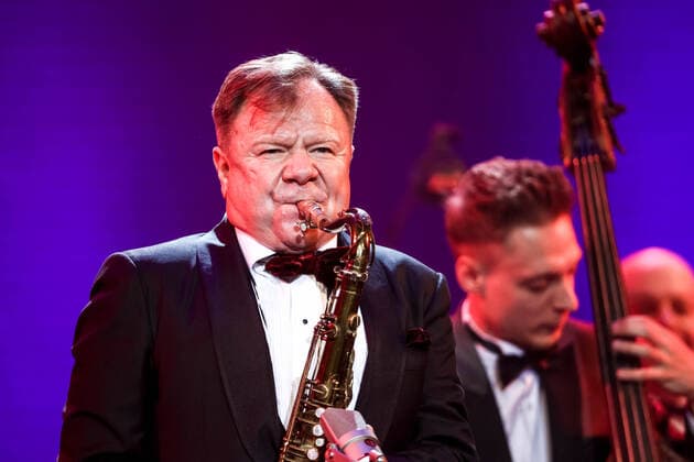 MOSCOW, RUSSIA - OCTOBER 27, 2021: Russian jazz saxophonist Igor Butman performs with the Jazz at Lincoln Center Orchestra during a gala concert marking his 60th birthday at the State Kremlin Palace. The concert is held in the COVID-free format. Valery Sharifulin TASS  TS115F41