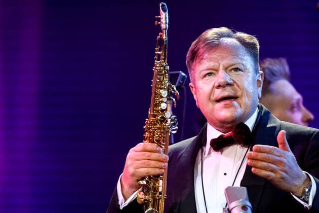 MOSCOW, RUSSIA - OCTOBER 27, 2021: Russian jazz saxophonist Igor Butman performs with the Jazz at Lincoln Center Orchestra during a gala concert marking his 60th birthday at the State Kremlin Palace. The concert is held in the COVID-free format. Valery Sharifulin TASS  TS115F60