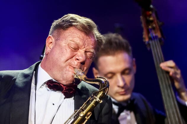 MOSCOW, RUSSIA - OCTOBER 27, 2021: Russian jazz saxophonist Igor Butman performs with the Jazz at Lincoln Center Orchestra during a gala concert marking his 60th birthday at the State Kremlin Palace. The concert is held in the COVID-free format. Valery Sharifulin TASS  TS115FAC
