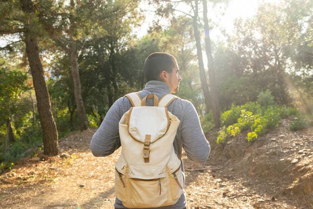 IMAGO Creative: Kulturelle Folgen der Pandemie: Gesundheitsbewu?tsein und Alleinsein Back view of unrecognizable bearded male hiker in casual clothes and backpack standing in green forest on sunny day during trekking, Model released DavidMunoz_Woods_20.jpg Copyright: xDavidxMunozx MR