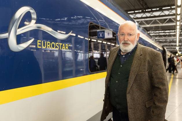Vice-Chairman of the European Commission Frans Timmermans pictured at the departure by train of politicians, activists and public transport experts to the COP26 climate conference in Glasgow, Saturday 30 October 2021 at the Brussels-South train station.  JAMESxARTHURxGEKIERE 3127755