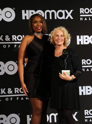 2021 Rock and Roll Hall of Fame Inductee, Carole King, poses for a photo with Jennifer Hudson (L) at the Rocket Mortgage Field House during the Rock and Roll Hall of Fame Induction Ceremony in Cleveland, Ohio on Saturday, October 30, 2021.  CLE20211030107 AARONxJOSEFCZYK