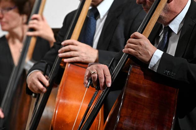 Konzert des Orchesters der Gesellschaft der Musikfreunde Gmunden, im Toskana Kongress, im Rahmen der Salzkammergut Festwochen in Gmunden, am 30.10.21. Das Bild zeigt zeigt die spielenden Hände von Bassgiegern 2021 - Konzert des Orchesters der Gesellschaft der Musikfreunde Gmunden, im Toskana Kongress, im Rahmen der Salzkammergut Festwochen in Gmunden, am 30.10.21