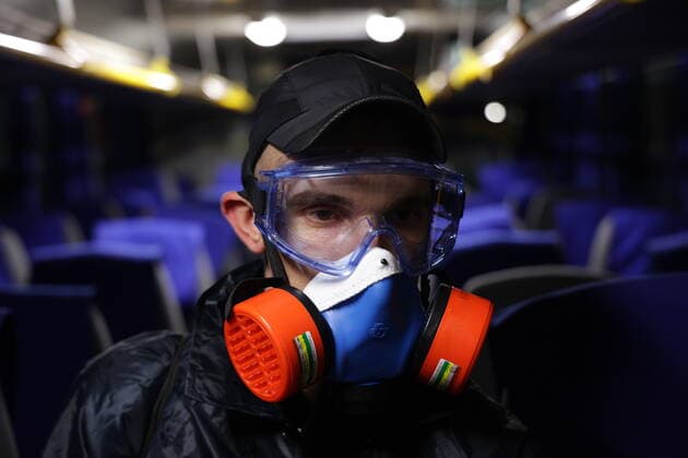 Russia Coronavirus Disinfection 6687005 02.11.2021 An employee disinfects the interior of a bus amid the coronavirus disease outbreak, in Kemerovo, Russia. Alexander Patrin Sputnik Kemerovo Russia  Copyright: xAlexanderxPatrinx