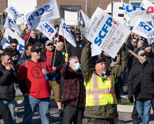 November 3, 2021, Laval, PQ, Canada: Laval bus drivers demonstrate in front of the head office as they hold a one day strike to press lagging contract talks Wednesday, November 3, 2021 in Laval, Quebec. Laval Canada  - ZUMAc35_ 20211103_zaf_c35_019 Copyright: xRyanxRemiorzx