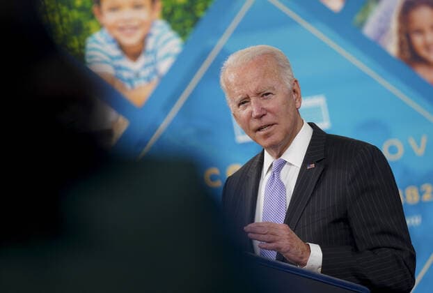 President Biden answers questions from members of the media after delivering remarks on the authorization of the COVID-19 vaccine for kids ages five to eleven years old in the South Court Auditorium of the Eisenhower Executive Office Building in Washington, D.C. on Wednesday, November 3, 2021. The CDC has expanded vaccine recommendations to about 28 million children in the United States.  WAP20211103918 LEIGHxVOGEL