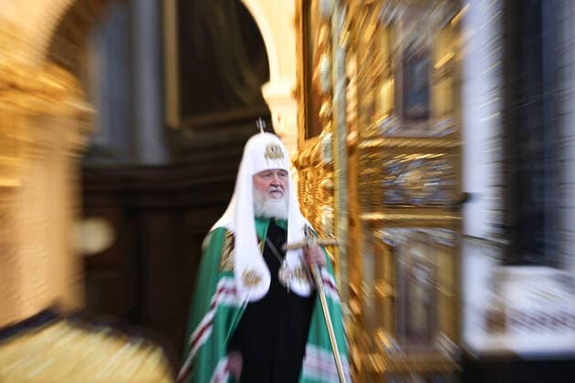 MOSCOW, RUSSIA - NOVEMBER 4, 2021: Patriarch Kirill of Moscow and All Russia performs a divine liturgy at the Cathedral of Christ the Saviour to mark the feast day of Our Lady of Kazan. Mikhail Tereshchenko TASS  TS116B68