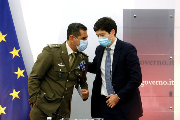 The extraordinary commissioner for the covid-19 emergency and general Francesco Paolo Figliuolo, the minister of health Roberto Speranza during a press conference about measure to contrast Covid-19 pandemic . Rome (Italy), November 5th 2021 Photo Samantha Zucchi Insidefoto SamanthaxZucchi
