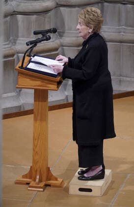 Former Secretary of State Madeleine Albright delivers a tribute during the memorial service of Colin Powell at the National Cathedral in Washington, DC on November 5, 2021. Colin Powell died October 18, at the age of 84, from complications of COVID-19 after a battle with brain cancer. Photo Leigh Vogel  WAP20211105905 LeighxVogel