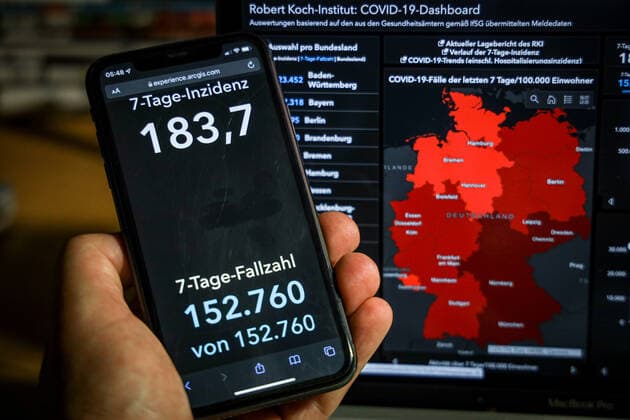 Coronavirus in Deutschland - Covid-19-Dashboard des Robert Koch-Institut 06.11.2021: Robert Koch-Institut: 7-Tage-Inzidenz 183,7. 7-Tage-Fallzahl 152.760. COVID-19-Fälle 4.743.490. Zugang um 34.002 gegenüber dem Vortag. COVID-19-Todesfälle 96.488. Zugang um 142 gegenüber dem Vortag.