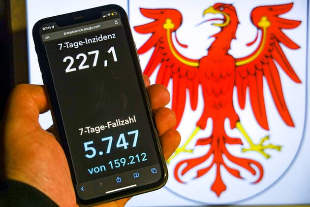 Coronavirus in Deutschland - Covid-19-Dashboard des Robert Koch-Institut DEU, Deutschland, Brandenburg 07.11.2021: Die 7-Tage-Inzidenz für das Bundesland (Fälle letzte 7 Tage 100.000 EW) wird auf einem iPhone angezeigt, im Hintergrund das Landeswappen
