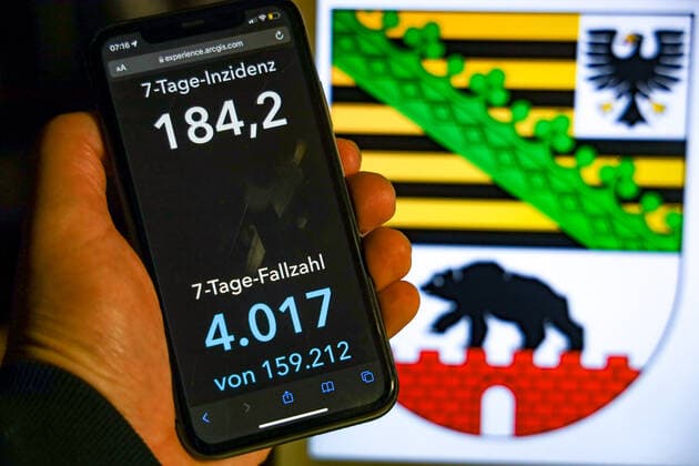 Coronavirus in Deutschland - Covid-19-Dashboard des Robert Koch-Institut DEU, Deutschland, Sachsen-Anhalt 07.11.2021: Die 7-Tage-Inzidenz für das Bundesland (Fälle letzte 7 Tage 100.000 EW) wird auf einem iPhone angezeigt, im Hintergrund das Landeswappen
