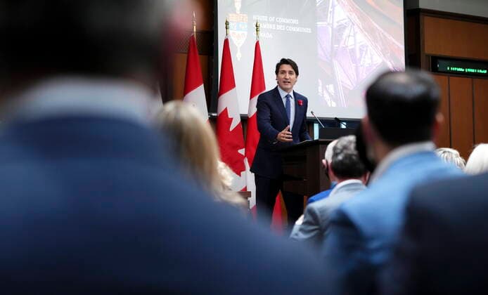 November 8, 2021, Ottawa, ON, Canada: Prime Minister Justin Trudeau speaks during a caucus meeting on Parliament Hill in Ottawa on Monday, Nov. 8, 2021. Ottawa Canada  - ZUMAc35_ 20211108_zaf_c35_031 Copyright: xSeanxKilpatrickx