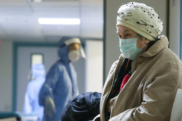 BALASHIKHA, MOSCOW REGION, RUSSIA - NOVEMBER 3, 2021: A medical worker and a patient are seen at a COVID-19 facility at Balashikha s maternity hospital. Sergei Karpukhin TASS  TS11727E