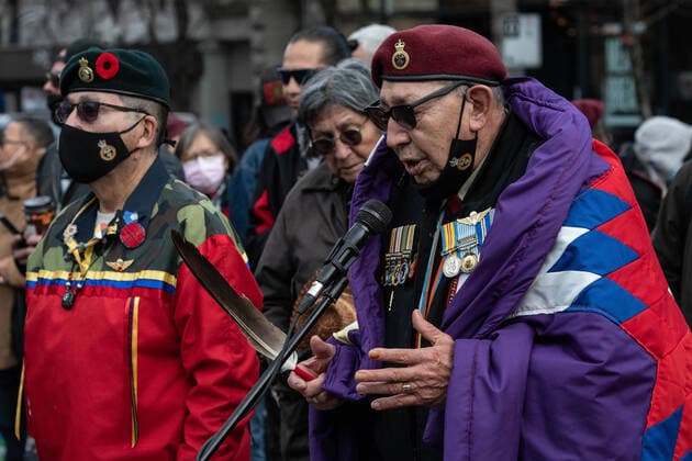November 8, 2021, Vancouver, British Columbia, Canada: War veteran and Squamish Nation Knowledge Keeper, ROBERT NAHANEE, delivers an address during National Indigenous Veterans Day at Vancouver s Victory Square Nov. 8. Vancouver Canada - ZUMAb217 20211108_zip_b217_003 Copyright: xQuinnxBenderx