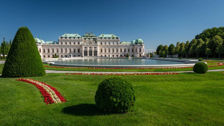 Upper Belvedere Palace (Vienna, Austria) on a sunny day in summer, blue sky, baroque garden Landstraße Austria