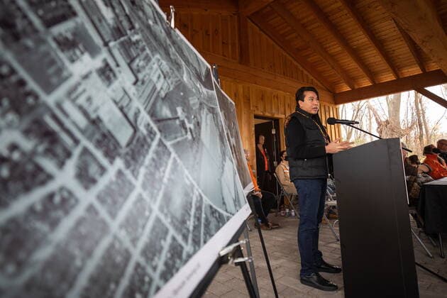November 9, 2021, Brantford, ON, Canada: Chief Mark B. Hill, Six Nations of the Grand River Elected Council, speaks on the site of former Indian Residential School, the Mohawk Institute, as phase one of a ground search begins for unmarked graves on the 500 acres of the lands in Brantford, Ont., Tuesday, November 9, 2021. Brantford Canada - ZUMAc35_ 20211109_zaf_c35_019 Copyright: xNickxIwanyshynx