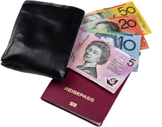 Geldbeutel, deutscher Reisepass und Australische Dollar billfold, German passport and Australian dollars BLWS656315