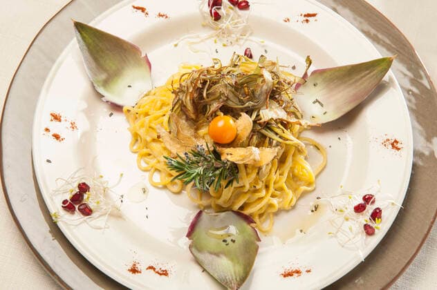 Egg tagliolini with ginger and artichoke sauce; Osteria Il Balivio, route Ramey 102; Champoluc Ayas; Aosta; Italy; Europe PaoloPicciotto REDA&CO 1028_29_PPI10285