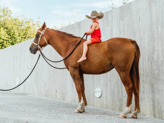 IMAGO Creative, Kinder auf dem Reiterhof Side view full body of barefoot boy in hat sitting on chestnut horse and holding rein, Model released HodeiUnzueta_HorsesCare_023.jpg Copyright: xHodeixUnzuetax MR