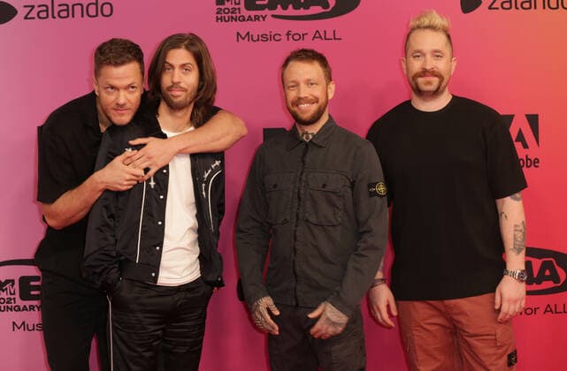 (From L to R) Dan Reynolds, Wayne Sermon, Ben McKee, and Daniel Platzman of Imagine Dragons arrive at the MTV Europe Music Awards in Budapest, Hungary on Sunday, November 14, 2021.  HUN20211114022 SVENxHOOGERHUIS
