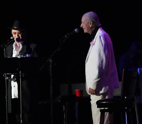 November 15, 2021, Los Angeles, CA, USA: Musician-Actors-MICHAEL NESMITH and MICKY DOLENZ on stage together for the last time as they wrapped up the Monkees 2021 Farewell Tour at the Greek Theater, Los Angeles, CA, USA, November 14, 2021. his farewell tour will mark the end of a unique project that began in 1965 when four young men were cast in a television show about a struggling rock band that was inspired by the Beatlesâ€⠢ A Hard Dayâ€⠢s Night. Few could have predicted the impact The Monkees would have on music and pop culture at large, one that still reverberates more than 50 years later...Formed in Los Angeles for the eponymous television series, the quartet of Dolenz, Nesmith, the late Peter Tork and the late Davy Jones bro - ZUMAmt3_ 20211115_zaf_mt3_002 Copyright: xScottxMitchellx