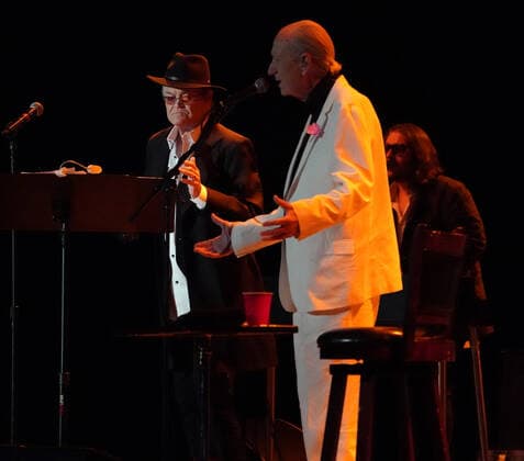 November 15, 2021, Los Angeles, CA, USA: Musician-Actors-MICHAEL NESMITH and MICKY DOLENZ on stage together for the last time as they wrapped up the Monkees 2021 Farewell Tour at the Greek Theater, Los Angeles, CA, USA, November 14, 2021. his farewell tour will mark the end of a unique project that began in 1965 when four young men were cast in a television show about a struggling rock band that was inspired by the Beatlesâ€⠢ A Hard Dayâ€⠢s Night. Few could have predicted the impact The Monkees would have on music and pop culture at large, one that still reverberates more than 50 years later...Formed in Los Angeles for the eponymous television series, the quartet of Dolenz, Nesmith, the late Peter Tork and the late Davy Jones bro - ZUMAmt3_ 20211115_zaf_mt3_006 Copyright: xScottxMitchellx