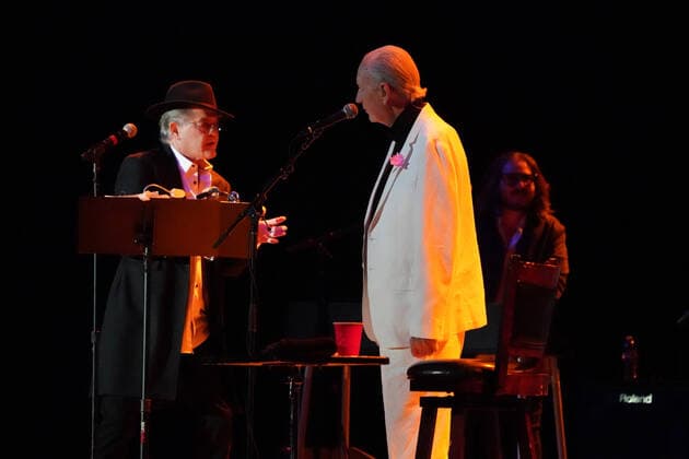 November 15, 2021, Los Angeles, CA, USA: Musician-Actors-MICHAEL NESMITH and MICKY DOLENZ on stage together for the last time as they wrapped up the Monkees 2021 Farewell Tour at the Greek Theater, Los Angeles, CA, USA, November 14, 2021. his farewell tour will mark the end of a unique project that began in 1965 when four young men were cast in a television show about a struggling rock band that was inspired by the Beatlesâ€⠢ A Hard Dayâ€⠢s Night. Few could have predicted the impact The Monkees would have on music and pop culture at large, one that still reverberates more than 50 years later...Formed in Los Angeles for the eponymous television series, the quartet of Dolenz, Nesmith, the late Peter Tork and the late Davy Jones bro - ZUMAmt3_ 20211115_zaf_mt3_007 Copyright: xScottxMitchellx