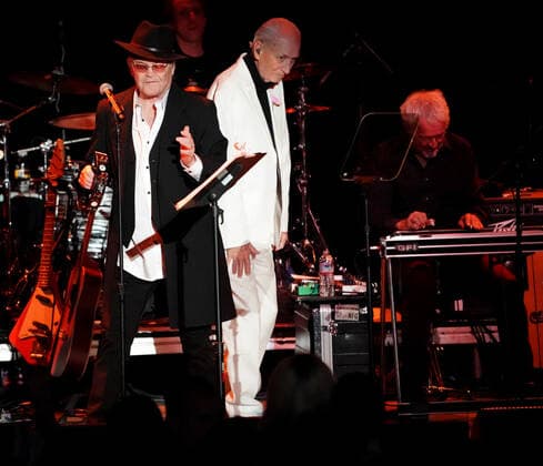November 15, 2021, Los Angeles, CA, USA: Musician-Actors-MICHAEL NESMITH and MICKY DOLENZ on stage together for the last time as they wrapped up the Monkees 2021 Farewell Tour at the Greek Theater, Los Angeles, CA, USA, November 14, 2021. his farewell tour will mark the end of a unique project that began in 1965 when four young men were cast in a television show about a struggling rock band that was inspired by the Beatlesâ€⠢ A Hard Dayâ€⠢s Night. Few could have predicted the impact The Monkees would have on music and pop culture at large, one that still reverberates more than 50 years later...Formed in Los Angeles for the eponymous television series, the quartet of Dolenz, Nesmith, the late Peter Tork and the late Davy Jones bro - ZUMAmt3_ 20211115_zaf_mt3_010 Copyright: xScottxMitchellx