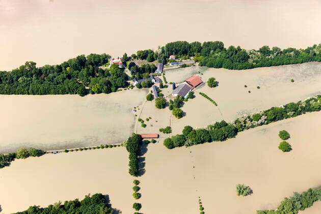 IMAGO Nature: Unsere Erde, Klimawandel, Überschwemmungen Germany, Rhineland-Palatinate, Flooding of River Rhine Island Koenigskling Aue, aerial photo, CS019975