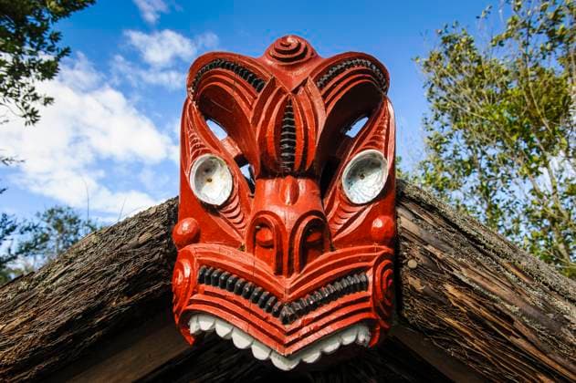 Traditional wood carved mask in the Te Puia Maori Cultural Center, Rotorua, North Island, New Zealand, RUN02705