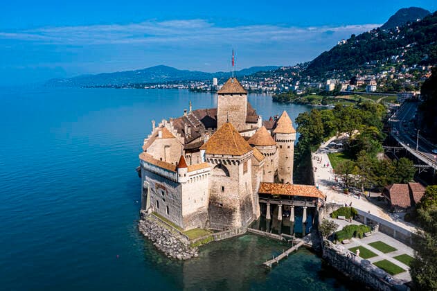 Aerial of Chillon Castle, Lake Geneva, Switzerland, Europe Copyright: MichaelxRunkel 1184-6068 Editorial Use Only
