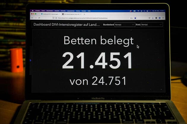 Coronavirus in Deutschland - Dashboard DIVI DIVI-Intensivregister 20.11.2021: Deutsche Interdisziplinäre Vereinigung für Intensiv- und Notfallmedizin: Anzahl COVID-19 Patienten - In diesem Dashboard werden die Intensivbettenkapazitäten des DIVI-Intensivregister visualisiert. Anzahl COVID-19-Intensivpatienten: 3.565 Entspricht 17 % der belegten Betten Davon invasiv beatmet 1.813 Entspricht 51 % der COVID-19-Intensivpatienten