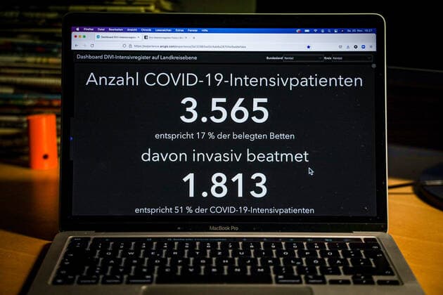 Coronavirus in Deutschland - Dashboard DIVI DIVI-Intensivregister 20.11.2021: Deutsche Interdisziplinäre Vereinigung für Intensiv- und Notfallmedizin: Anzahl COVID-19 Patienten - In diesem Dashboard werden die Intensivbettenkapazitäten des DIVI-Intensivregister visualisiert. Anzahl COVID-19-Intensivpatienten: 3.565 Entspricht 17 % der belegten Betten Davon invasiv beatmet 1.813 Entspricht 51 % der COVID-19-Intensivpatienten