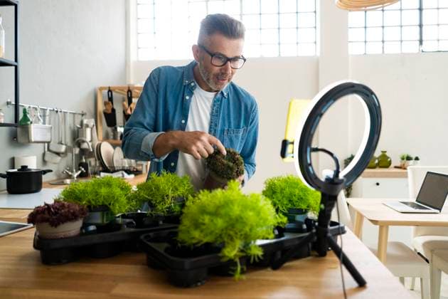 IMAGO Creative: Digitale Welt, Social Commerce IMAGO Creative, Mainstream-Aktivismus Male influencer with plant vlogging through smart phone at home model released property released, GIOF13901