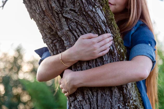 Woman hugging tree trunk at countryside model released, EIF02362