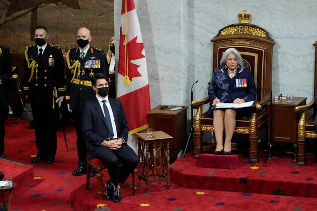 November 23, 2021, Ottawa, ON, Canada: Prime Minister Justin Trudeau looks on as Gov. Gen. Mary Simon delivers the Throne Speech in the Senate in Ottawa on Tuesday, Nov. 23, 2021. Ottawa Canada  - ZUMAc35_ 20211123_zaf_c35_086 Copyright: xAdrianxWyldx