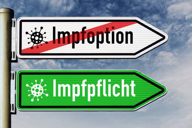FOTOMONTAGE, Wegweiser mit Aufschrift Impfpflicht und durchgestrichener Aufschrift Impfoption