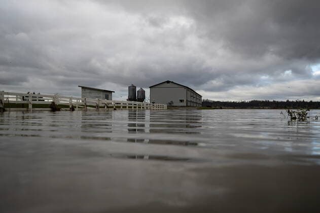 November 23, 2021, ABBOTSFORD, BC, CANADA: A barn on high ground is seen with receded floodwaters still surrounding it on a farm in Abbotsford, B.C., on Tuesday, November 23, 2021. ABBOTSFORD CANADA  - ZUMAc35_ 20211123_zaf_c35_128 Copyright: xDarrylxDyckx