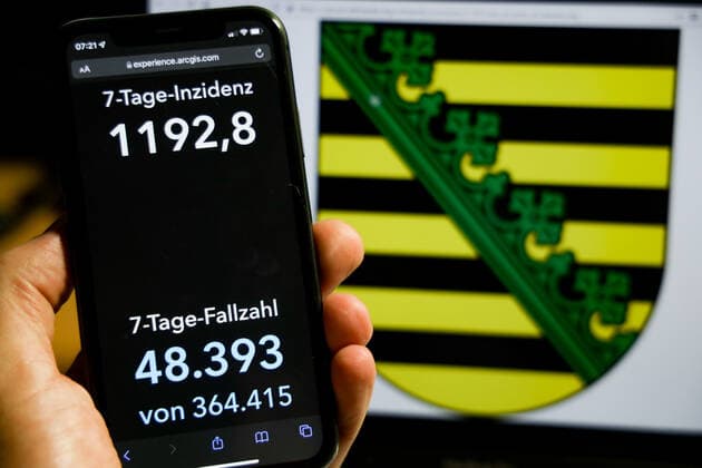 Coronavirus in Deutschland - Covid-19-Dashboard des Robert Koch-Institut DEU, Deutschland, Sachsen 26.11.2021: Die 7-Tage-Inzidenz für das Bundesland (Fälle letzte 7 Tage 100.000 EW) wird auf einem iPhone angezeigt, im Hintergrund das Landeswappen
