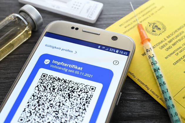 Digitales Impfzertifikat auf Smartphone, Impfausweis, Impfspritze und Schnelltest, Symbolfoto digitaler Impfnachweis und 2G+-Regel