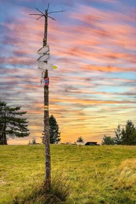 Symbolic way finder guide on top of Potrojna peak in Little Beskids of Beskidy Mountains in Lesser Poland  BEW1DF6AE21